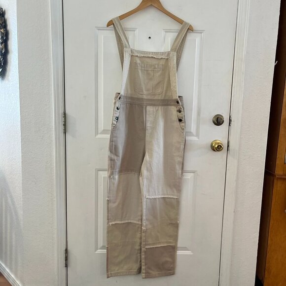 Easel Los Angeles Farmhouse Hippie Festival Tan Denim Patchwork Overalls Sz SM - Picture 1 of 12